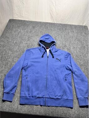 Puma Men’s Full Zip Hoodie Blue Sweatshirt Thick Drawstring Jacket Size L